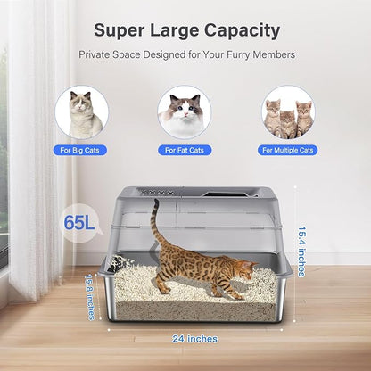 Stainless Steel Litter Box with Lid, XL Extra Large Enclosed Cat Litter Box Fits All Cats Modular Design with Flip Cover, Top Entry Metal High Sided Cat Box & Pedal & Scoop (Grey)