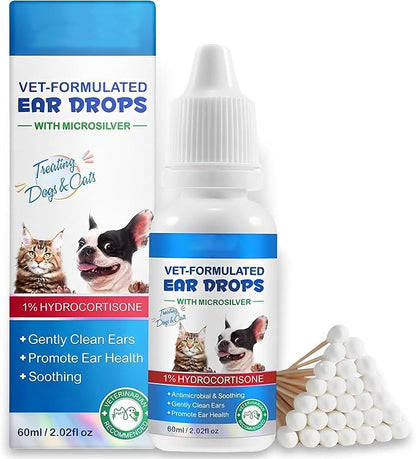 Redshine Ear Drops for Cats & Dogs-Dog Ear Infection Medication-Ear Mites Treatment-Dog Yeast Soothing Cleansing with 1% Hydrocortisone-Clean Pet Earwax-Mild and Effective (60ml+30 Cotton Swabs)