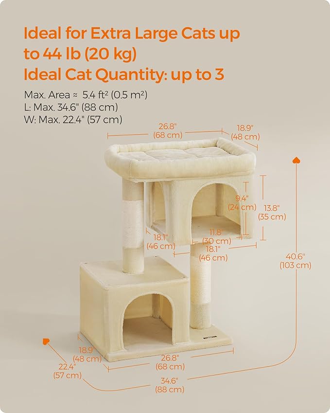 Feandrea Cat Tree, 40.6-Inch Cat Tower, Plush Condo for Extra Large Cats up to 44 lb, Large Perch, 2 Caves, Scratching Post, Beige UPCT614M01