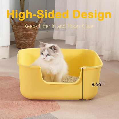 Large Cat Litter Box with High Sides,Cat Boxes for Indoor Cats,Cat Litter Pan for Kitty,Litter Box with Low Entry,Easy to Clean,Anti-Splashing (White-Long Side Entry)