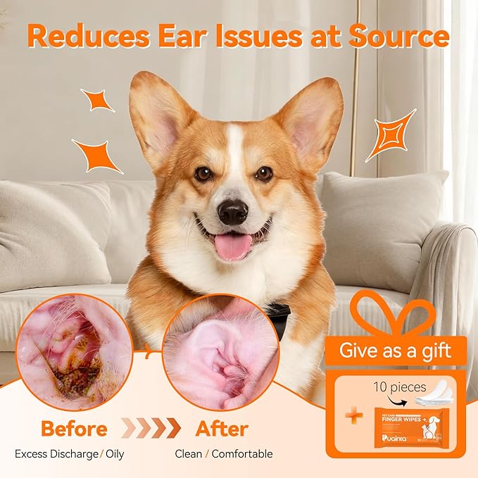Dog Ear Drops with Finger Cots, Natural Dog Ear Cleaner and Infection Treatment, Quantum Silver Dog Ear Cleaning Solution for Itching, Irritation & Wax Build-Up,1oz