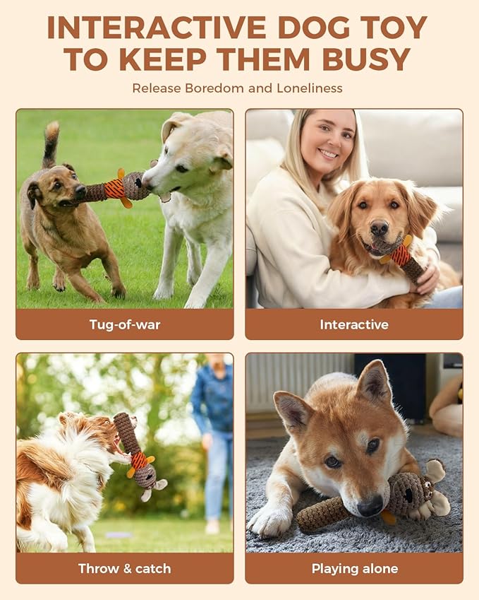 Squeaky Dog Toys for Small Dogs, Interactive Dog Plush Toy for Tough Play, Durable Chew Gifts for Puppy Teething to Keep Them Busy and Relieve Boredom (Brown Dog)