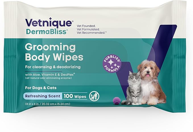 Vetnique DermaBliss Pet Wipes for Dogs & Cats for Grooming, Cleansing & Deodorizing, Thick Dog Wipes for Convenient Dog Cleaning and Natural Pet Odor Eliminator, 100ct (Refreshing Scent)