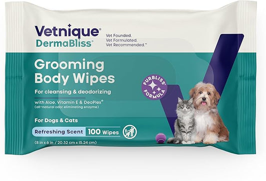 Vetnique DermaBliss Pet Wipes for Dogs & Cats for Grooming, Cleansing & Deodorizing, Thick Dog Wipes for Convenient Dog Cleaning and Natural Pet Odor Eliminator, 100ct (Refreshing Scent)