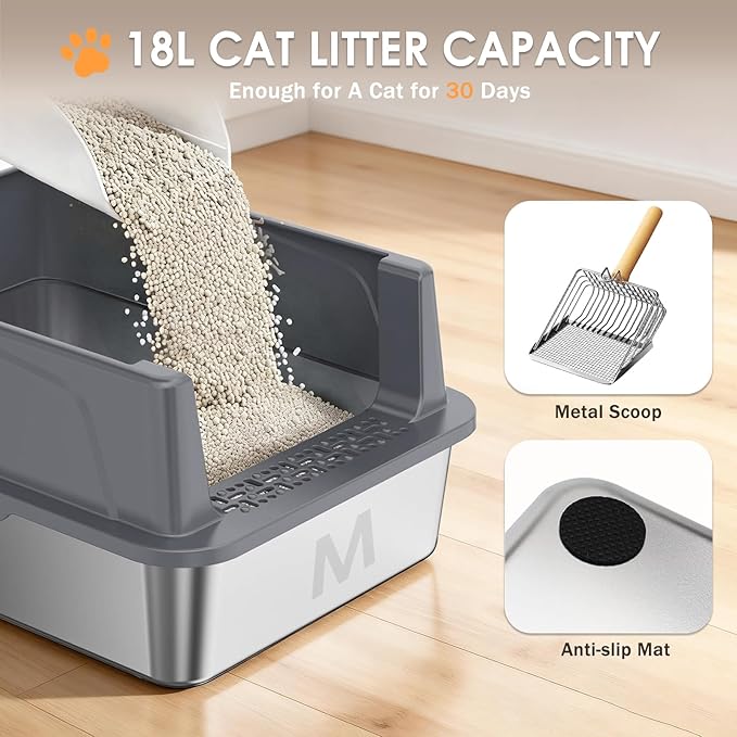 Stainless Steel Litter Box with Lid: Metal Cat Litter Box for Small Cats with Scoop, High Sided Kitty Litter Pan Tray, 17.4'' x 13.5'' x 8.5'', Non-Stick, Anti-Leakage, Easy Cleaning (Dark Gray)