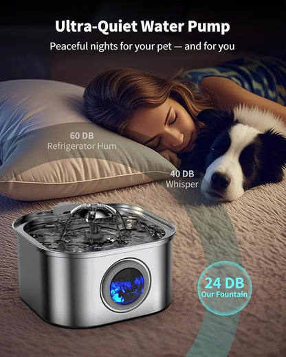 Cat Water Fountain Stainless Steel, 3.2L/108oz Cat Fountain with Water Level Indicator, Pet Water Dispenser with Quiet Pump Ideal for Cats, Dogs and Multi-pet households