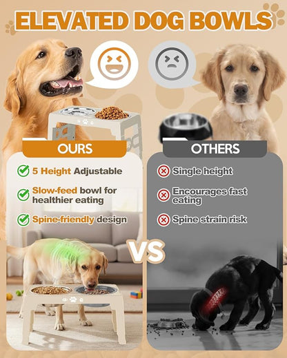 Elevated Dog Bowls for Medium Large Size Dogs, Non-Slip Dog Feeder with 1*Stainless Steel Dishes & 1*Slow Feeder Bowl, 5 Heights Adjustable Raised Bowls to 3.15″-8.66″-9.84″-11.02″-12.2″