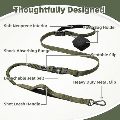 6-in-1 Hands-Free Dog Leash, Waist & Crossbody Bungee Lead with Dual Padded Handles, Bungee Shock Absorbing, Seat Belt Buckle, Reflective for Small Medium Large Dogs, Green