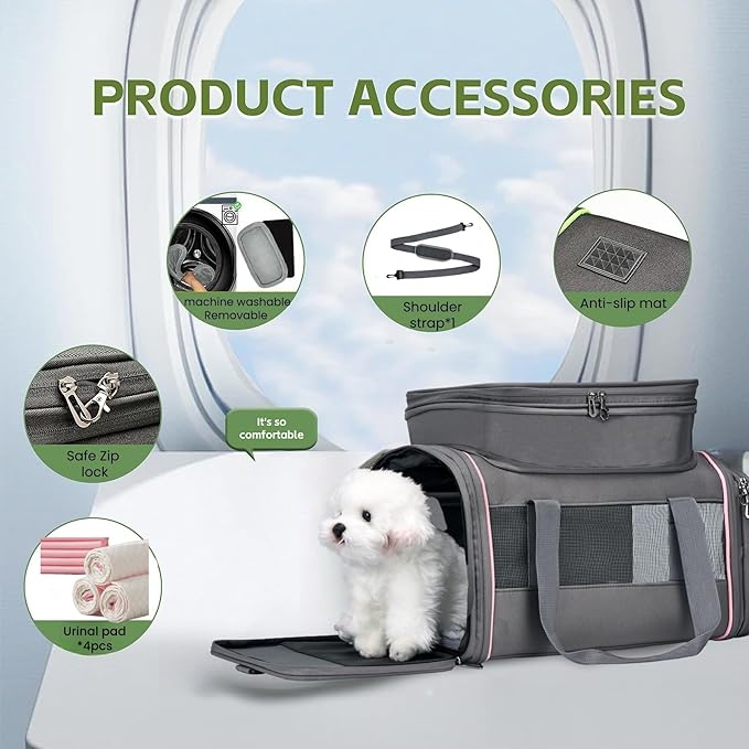 Airline Approved Pet Carrier - Soft-Sided Dog & Cat Travel Bag with Expandable Space and Safe Design (Grey)