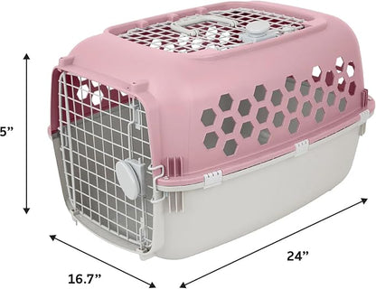Pink Durable Plastic Dog & Cat Kennel with Two Door Openings, Indoor & Travel Pet Cage for Small Dogs & Cats, Maximum Pet Weight 30 lbs, 24" L x 16.5" W x 14.5" H