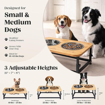 Adjustable Elevated Dog Bowls – Raised Dog Feeding Station with Bamboo Stand, 2 Stainless Steel Bowls, Slow Feeder Insert & Silicone Mat – Dog Bowls with Stand for Small & Medium Dogs