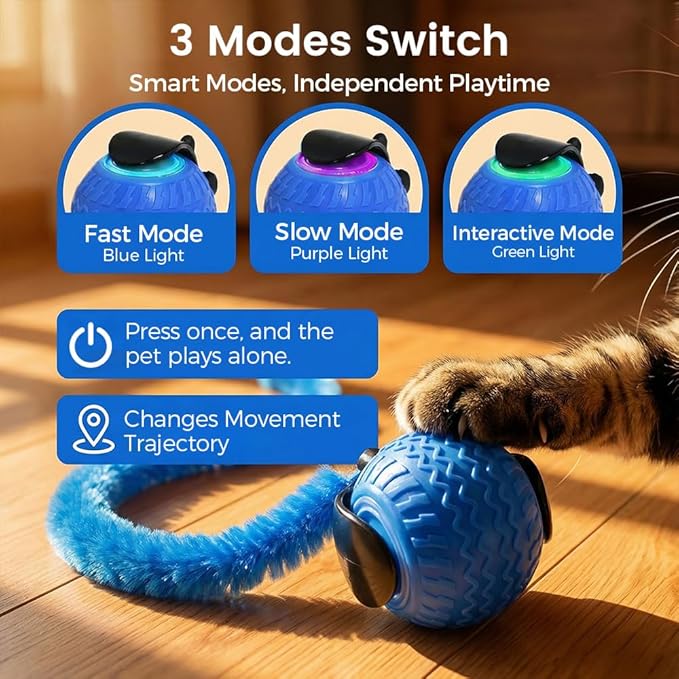 Interactive Toys for Cats, 2026 New Interactive Cat Toy Ball, Automatic Moving Cat Toy for Indoor Use, Rechargeable Feather Tail Cat Toy with Stimulation for Small Medium Large Cats (2 * Blue)