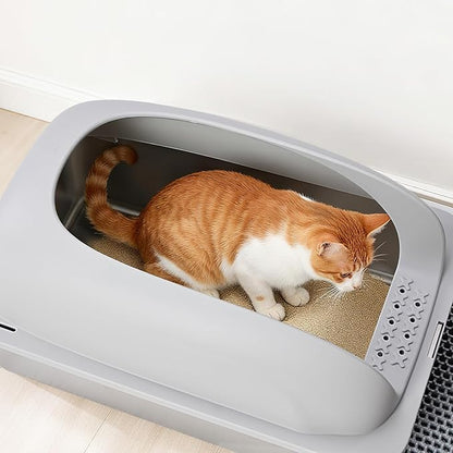OLIXIS Stainless Steel Cat Litter Box with Lid, Large Cat Litter Box for Big Cats, High Wall Sides, Anti-Urine Leakage, Easy Cleaning, Scoop and Mat Included, Light Gray