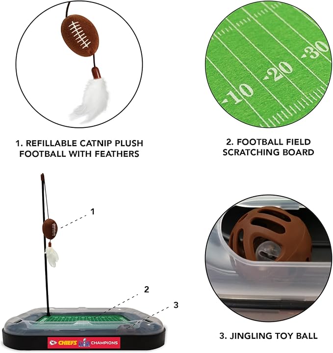 Pets First NFL Superbowl Champion Football Field CAT Scratcher Toy with Catnip Filled Plush Football Toy & Feather Hanging, with Jingle Bell, Winning Team Logo, Cat Chasing 5-in-1 Kitty Toy,