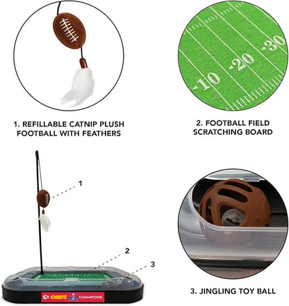Pets First NFL Superbowl Champion Football Field CAT Scratcher Toy with Catnip Filled Plush Football Toy & Feather Hanging, with Jingle Bell, Winning Team Logo, Cat Chasing 5-in-1 Kitty Toy,