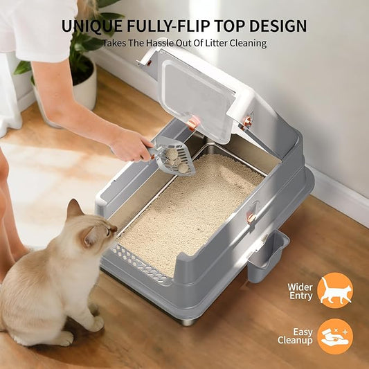 Stainless Steel Cat Litter Box with Lid, Extra Large High Sided Enclosed Metal Litter Pan, Flip Top with Portable Handle, Include Scoop & Step,Easy to Clean, Leak Proof, Dog Proof, Odor Control, Grey