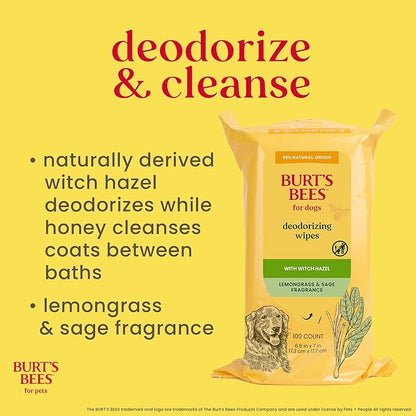 Burt's Bees Dog Wipes for Daily Grooming - Deodorizing Pet Wipes for Dogs, Cleans Paws & Face - A Waterless Bath & Dog Grooming Supply with Witch Hazel - Plant Based Dog Wipes, 100 Count