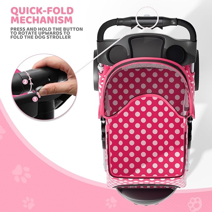 Magshion 3-Wheel Pet Stroller, Foldable Travel Jogger for Small & Medium Dogs & Cats (Up to 33lbs), Lightweight Carrier with Breathable Mesh Cover, Cup Holder & Storage Basket, Hot Pink Polka Dots