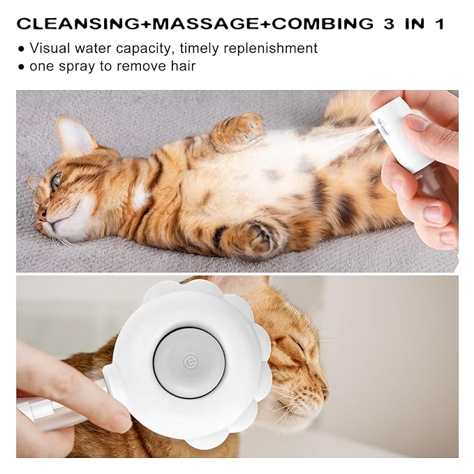 Cat Hair Brush for Shedding, 3-in-1 Pet Spray Hair Removal Comb with Visual Spray & Release Button, Waterproof Dog Grooming Brush for Furry Pet (White)