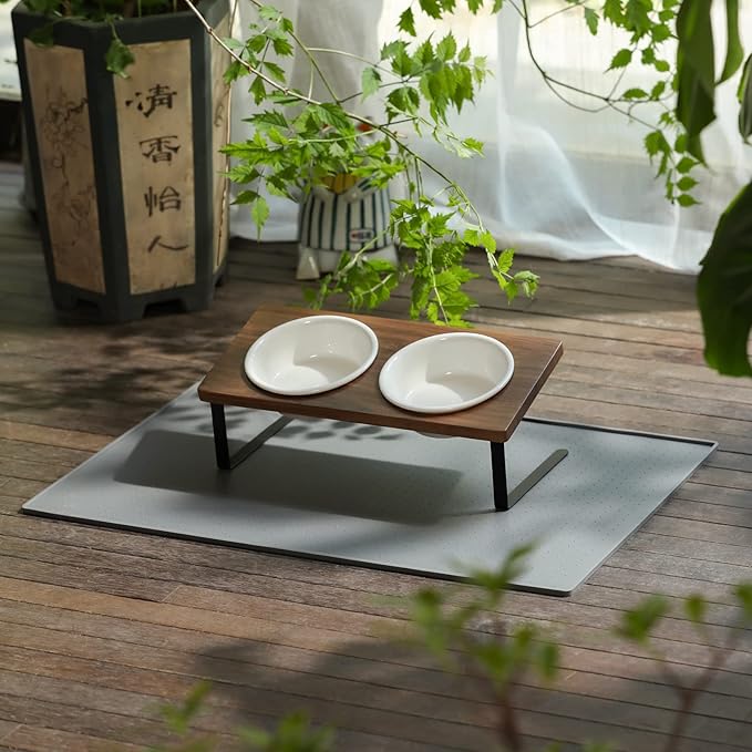 FUKUMARU Elevated Cat Ceramic Bowls, Small Dog 15° Tilted Raised Food Feeding Dishes, Solid Walnut Water Stand Feeder Set for Cats and Puppy