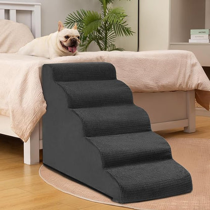 5-Step Dog Stairs and Ramp for High Bed, Non-Slip Sturdy Pet Steps for Small Dogs and Cats,22.2" H, Black