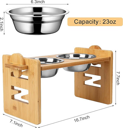 Elevated Dog Bowls, Adjustable Raised Tilted French Bulldog Food Water Bowl, Slanted Bamboo Pet Feeding Station with Stainless Steel Bowl for Small & Medium Dogs, Cat Kitten Flat Faced Puppy Feeder