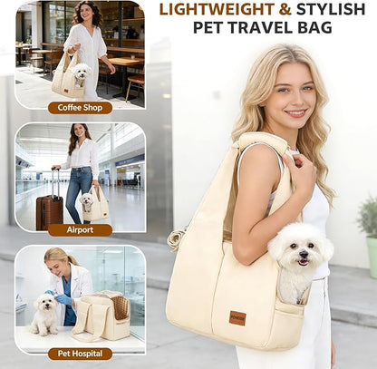 Dog Purse Carrier for Small Dogs and Cats, Soft-Sided Pet Tote Bag with 6 Large Pockets, Collapsible Travel Puppy Carrier, Fits Pets up to 16 lbs (Beige, 17.5" L x 8" W x 12" H)