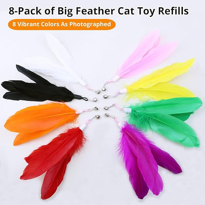 Cat Toy Refill, 8 Pack Large Feather Toy with Bell for Cat Wand Toy Accessories Cat Toy Attachment Replacements, 7.87” Realistic Size Feather Toy for Bored Indoor Adult Cat Play Exercise