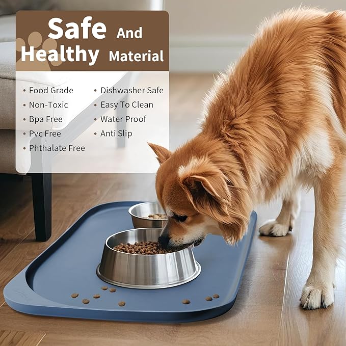 Silicone Pet Food Mat with Raised Edge for Food and Water Bowl, Dog Feeding Mats, Cat Food Trays for Floor Waterproof, Rubber Tray for Dogs and Cats, 24 x 16 x 0.8 Slate Blue