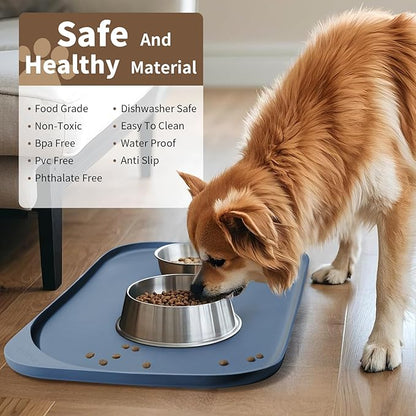 Silicone Pet Food Mat with Raised Edge for Food and Water Bowl, Dog Feeding Mats, Cat Food Trays for Floor Waterproof, Rubber Tray for Dogs and Cats, 24 x 16 x 0.8 Slate Blue