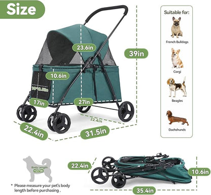20% Larger Capacity, Wedyvko Dog Stroller for Medium/Small Pets w/Dog Poop Bags & Dispenser, Storage Pouch, Zipperless, Entry in/Out Easy (Dark Green)