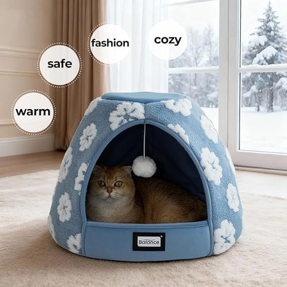 BALANCE Cat Beds for Indoor Cats, 2-in-1 Cat Bed Cave with Anti-Slip Bottom and Ultra-Soft Plush, Cozy Cats House Tent for Kittens and Small Dogs, 19 Inches, Blue