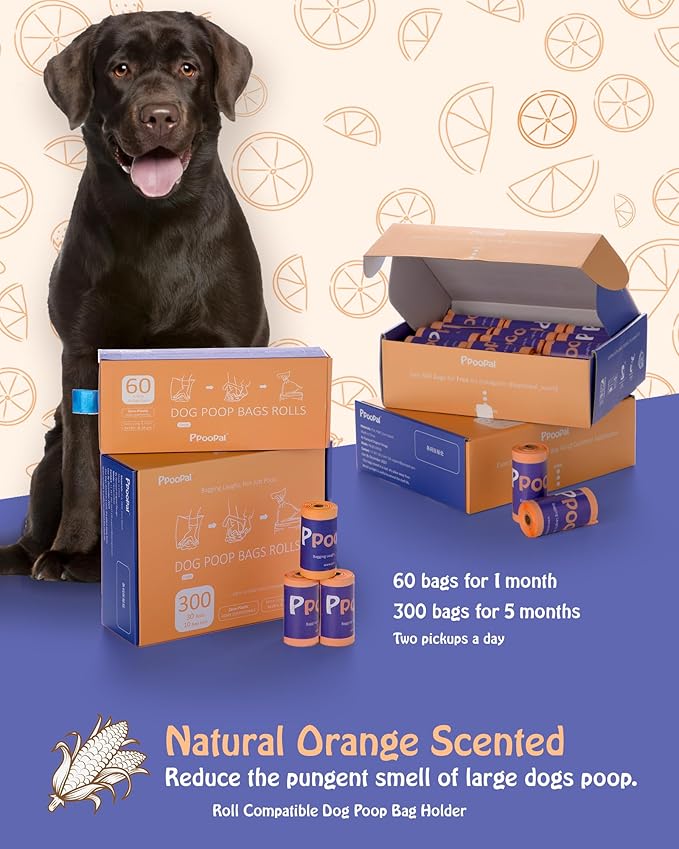 Dog Poop Bags 300 Count, 30 Refill Rolls, Leak Proof Dog Waste Bags - Extra Thick 18 Micron, 14 Inch Long Easy Tie, Light Orange Scent, Strong Star-Sealed Bottom for Walking, Yard & Travel