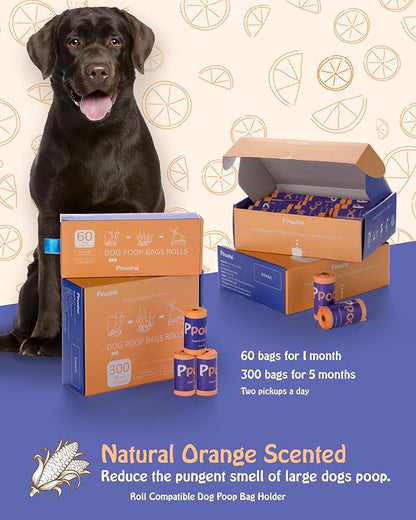 Dog Poop Bags 300 Count, 30 Refill Rolls, Leak Proof Dog Waste Bags - Extra Thick 18 Micron, 14 Inch Long Easy Tie, Light Orange Scent, Strong Star-Sealed Bottom for Walking, Yard & Travel