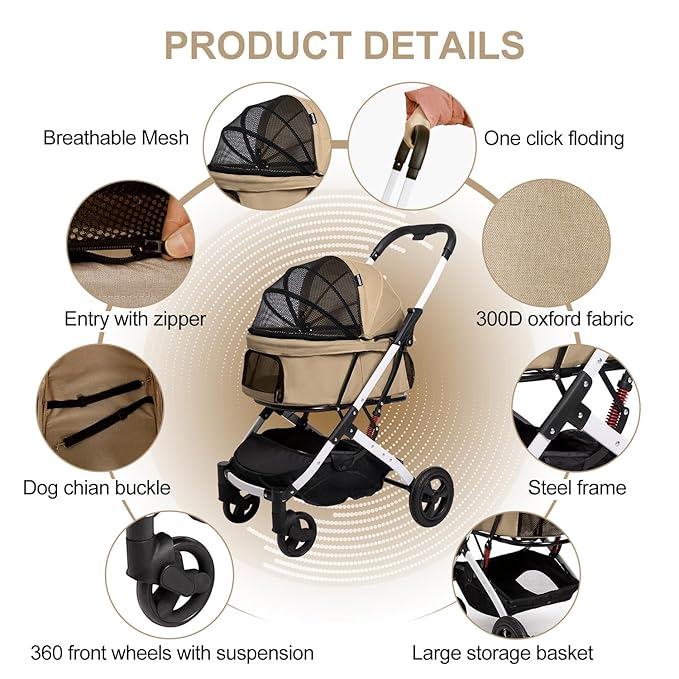 Pet Stroller for Medium Small Dog & Cat, Foldable Lightweight Dog Stroller with Storage Basket Pet Travel Carriage with Safety Leashes, 4 Wheel, Khaki