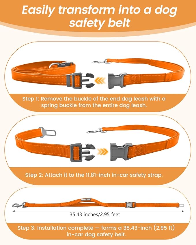 Hands Free Dog Leash, 2-in-1 Detachable Pet Seatbelt,5.9-9.2 ft Crossbody Dog Leash with Double-Sided Reflective for Walking, Hiking, Travel etc.(Orange)