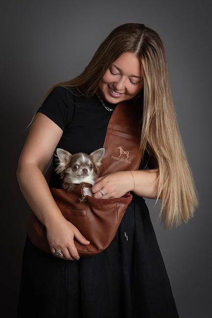 Noah & Paw Dog Sling Carrier for Small Dogs 3-10lb, Dog Sling for Small Dogs and Cats, Dog Carrier with Adjustable Padded Strap, Vegan Leather Lined with Fur, 3X Safety Features, Machine Washable