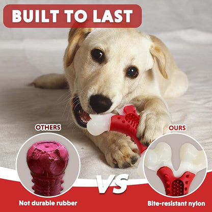 LaRoo Dog Toys for Aggressive Chewers Medium Dogs, Tough Dog Toys, Puppy Teething Chew Toys, Heavy Duty Indestructible Bones, Peanut Butter Slot for Snacks, Meat Flavor & Dental Care (Red)