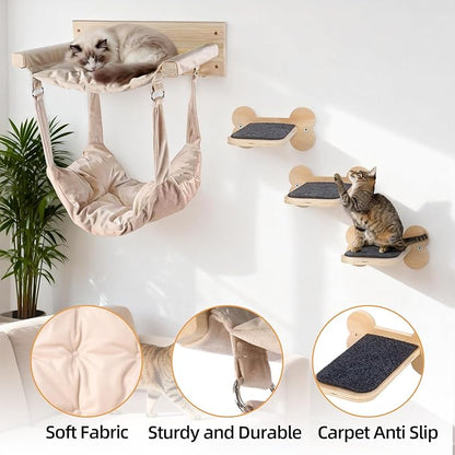 Wall Mounted Cat Double Hammock & 3 Steps, Pine Climbing Shelf & Perch Set, Multi-Function Wall-Mounted Cat Furniture for Sleep Play Climb, Easy DIY Installation