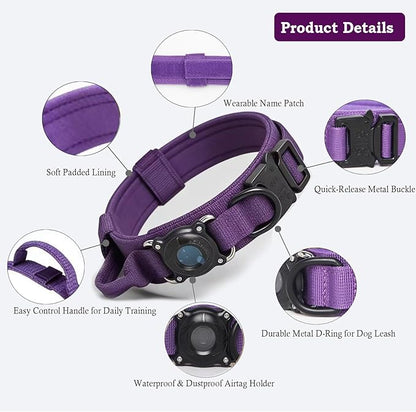 Xqpetlihai Upgraded AirTag Dog Collar Waterproof Tactical Dog Collar with AirTag Holder Heavy Duty Dog Collars for Large Dogs (DeepPurple，XL