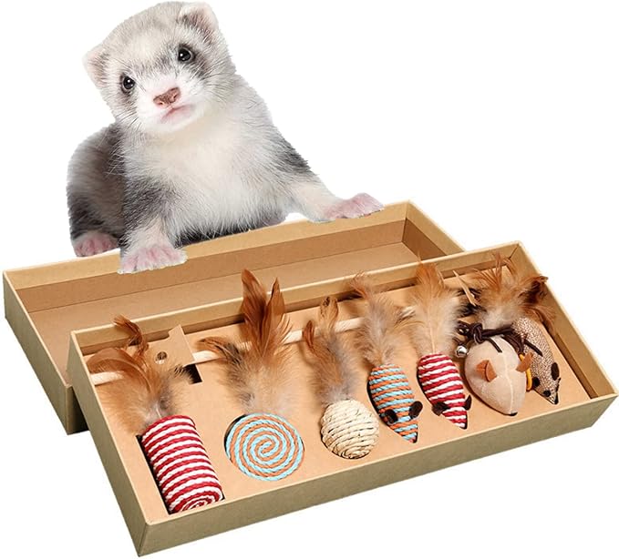 HAICHEN TEC 7 Pack Ferret Toys - Interactive Ferret Toys Assortments Feather Teaser Wand with Sisal Mice Balls and Bells Toys for Ferret Cat Kitten Puppy (7 Pack)