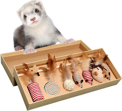 HAICHEN TEC 7 Pack Ferret Toys - Interactive Ferret Toys Assortments Feather Teaser Wand with Sisal Mice Balls and Bells Toys for Ferret Cat Kitten Puppy (7 Pack)
