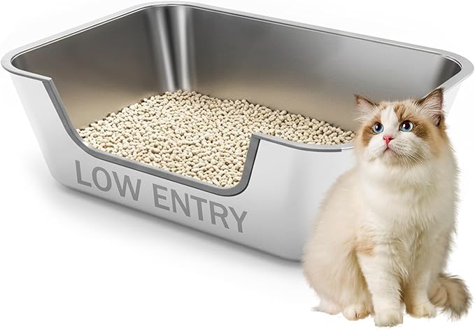 Stainless Steel Cat Litter Box with Low Entry,Litter Pan for Big Kitty and Multiple Cats,Easy to Clean,Non-Stick,Odor-Free,Suitable for Kittens,Senior Cats and Injured Pets,19.7"x13.8"x5.9"