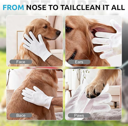 Pet Grooming Glove Wipes for Dogs&Cats, Extra Thick Rinse Free Cleaning Gloves with Aloe&Glycerin, Hypoallergenic Deodorizing Bathing Wipes for Daily Care, Travel, Portable, Unscented, 20ct