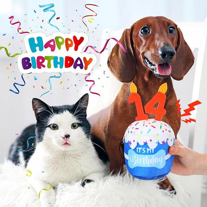 Dog Birthday Cake Toy Accessories for Girl Boy Gifts, Squeaky Plush Toy for Dog Birthday Party Decor Favor for Large, Medium and Small Dogs(14th,Blue)