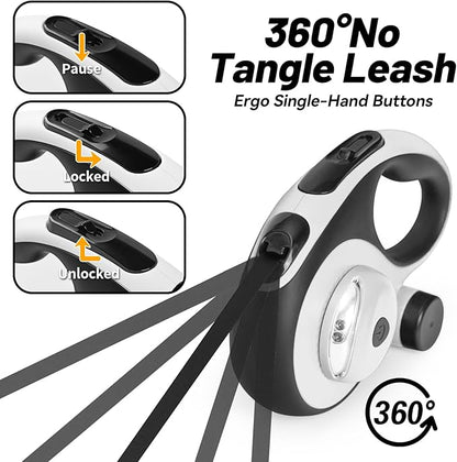 26ft Heavy Duty Retractable Dog Leash for Large Dogs, Dog Leash with Poop Bag Holder, Up to 100lbs, With LED Light, Chew Proof Cable, One-Handed Pause & Lock, 360° No Tangle. (White+, 26Ft)