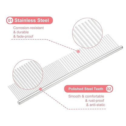 Dog Cat Comb, Pet Combs Stainless Steel Teeth with Rounded Ends for Knots Mats Loose Hair Removal, 7.5IN (Silver, 3 Pack), Grooming Tool Intended for Long Curly Hair Pet