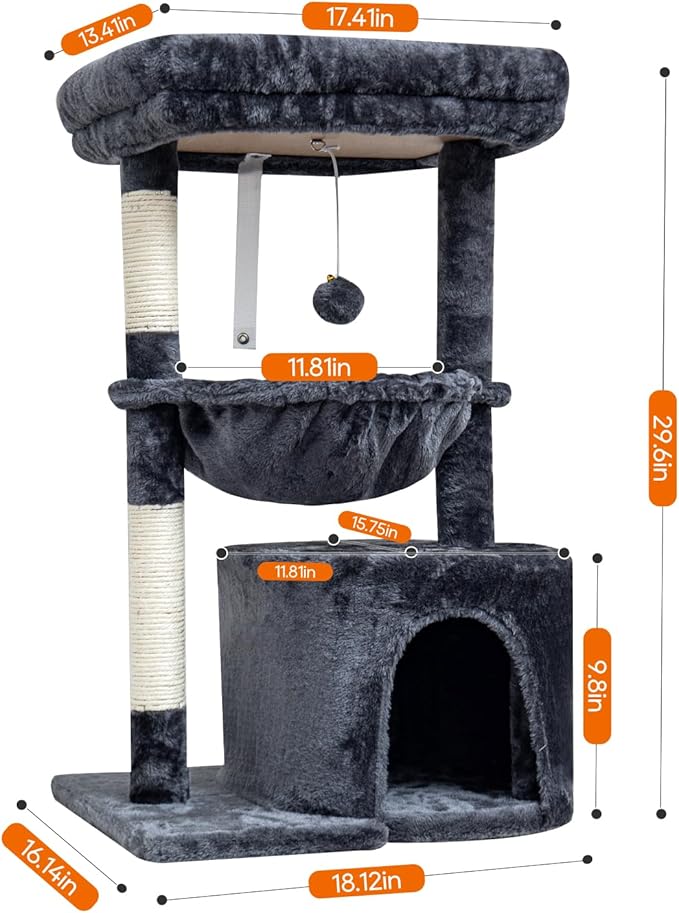 SYANDLVY Small Cat Tree for Indoor Cats, Cat Tower with Scratching Post, Modern Cat House with Padded Perch, Kittens Condo with Cradle, Smoky