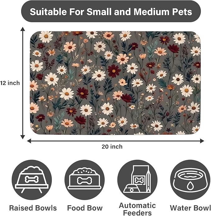 Patterned Cat & Dog Bowl Mat for Food and Water, 12"×20" Quick Dry Absorbent Pet Feeding Mat, Eco-Friendly Dog Placemat