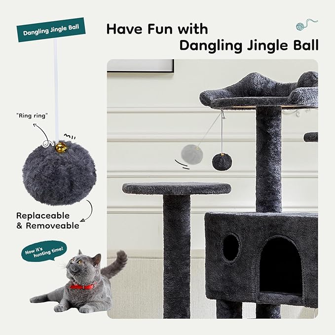 DUMOS 54-inch Indoor Cat Tree Tower –Multi-Level Pet House for Large Cats with 2 Condos, Scratching Posts, Round Platform, Small Ladder, and Toys – Perfect for Cats of All Ages, Navy Blue
